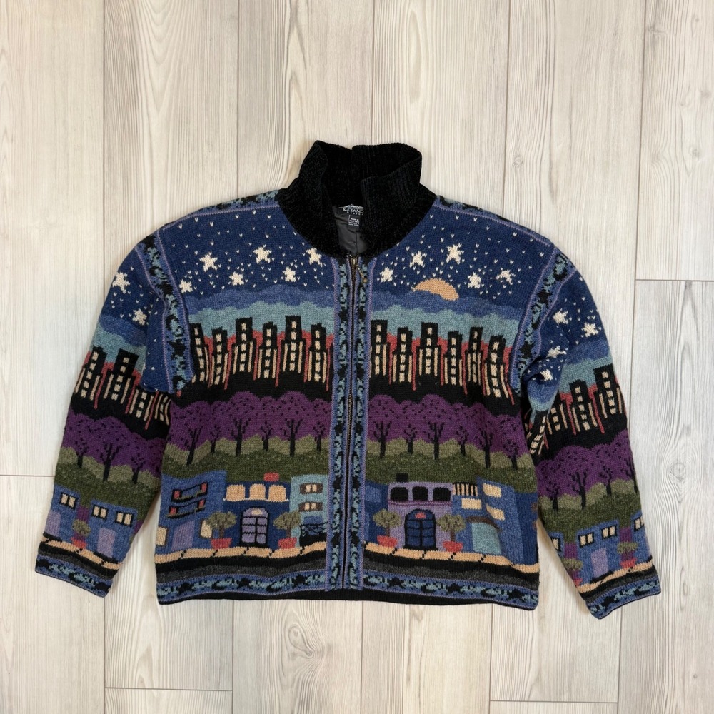Icelandic Design Wool City Skyline Starry Night Zip Up Cardigan Sweater Large